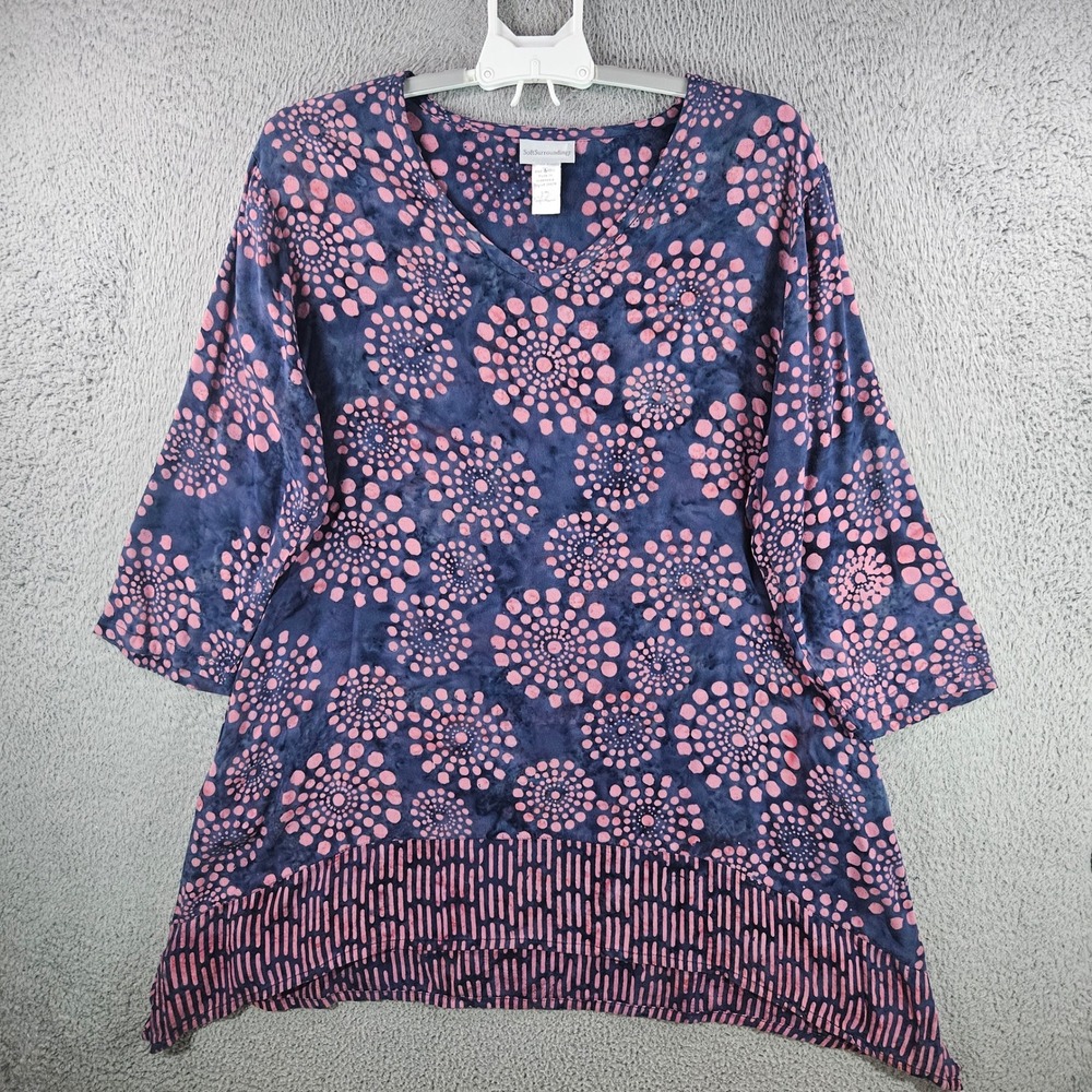 SoftSurroundings Tunic Top Womens L/XL Pink Navy Batik Dot V-Neck Rayon